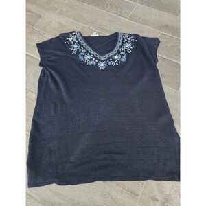 J Jill Embroidered V Neck Linen‎ Blend Tunic Top Women's Size L Navy Blue Floral